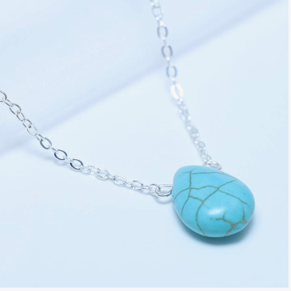 Boho Turquoise Pendant Teardrop Choker Silver Necklace
